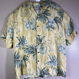 Vtg Iolani Hawaiian Shirt Men's XL Yellow Floral Leaves Collar Button-Up Hawaii